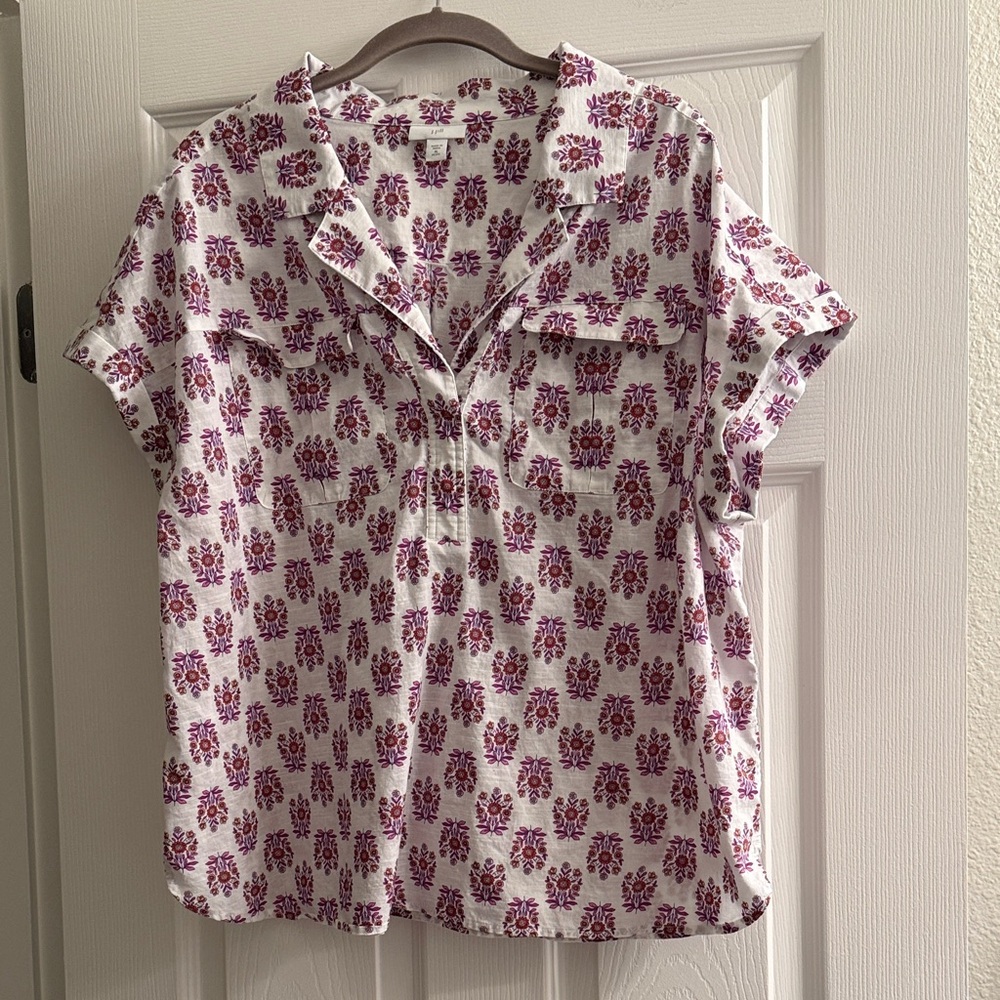 J.Jill Cotton Utility Popover Shirt in White Decorative Stamp Print, XL Petite